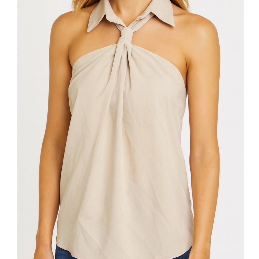 Beige Sleeveless Blouse halter top collared neckline knotted front detail SZ M